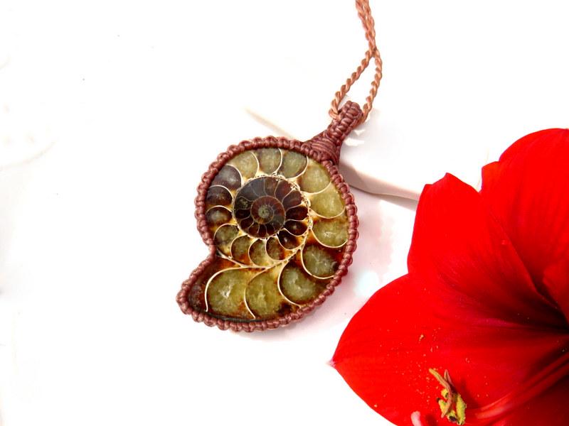 Christmas gift ideas, Ammonite Fossil Macrame Necklace, Spiral Pendant, ocean theme, geology theme