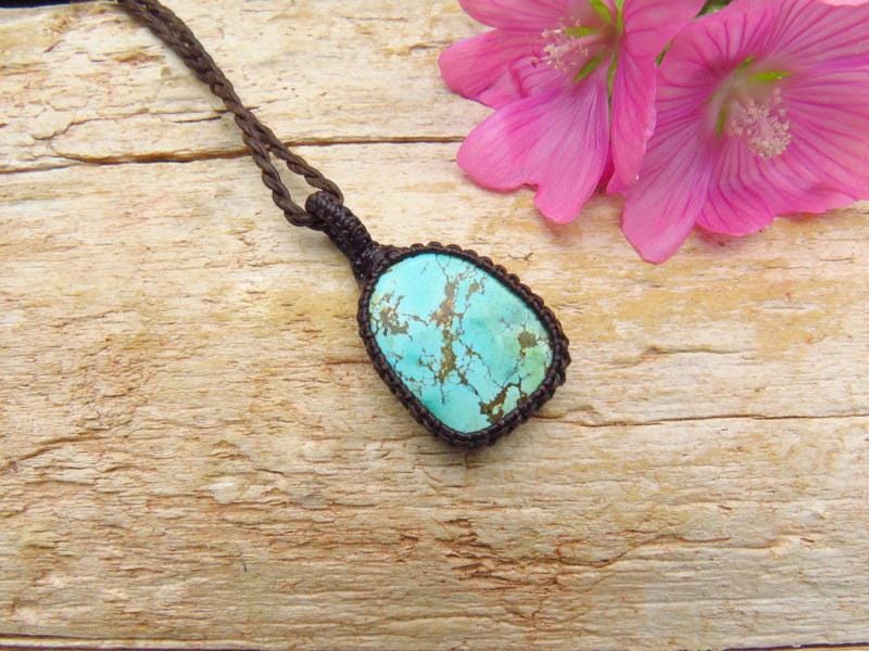 Cloud Mountain Turquoise macrame necklace, Hubei Turquoise jewelry, gift ideas for the boho beauty