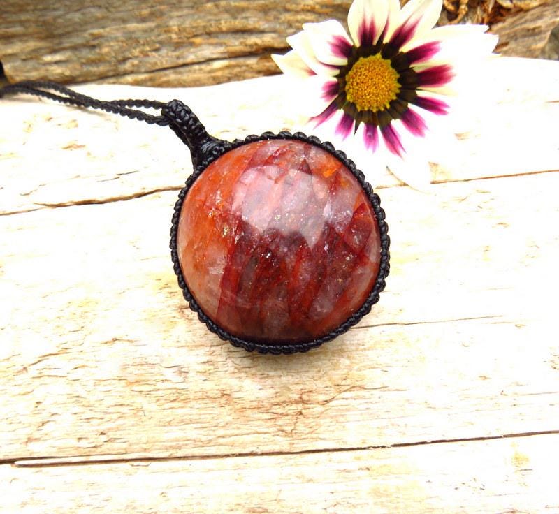 Red Hematoid Quartz necklace, handmade natural stone jewelry, macrame pendant, red fire quartz