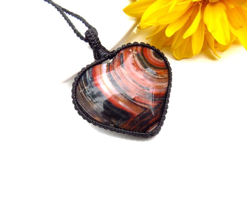 Sardonyx Macrame Necklace: Red Orange Gemstone Pendant, heart necklace, statement pendant