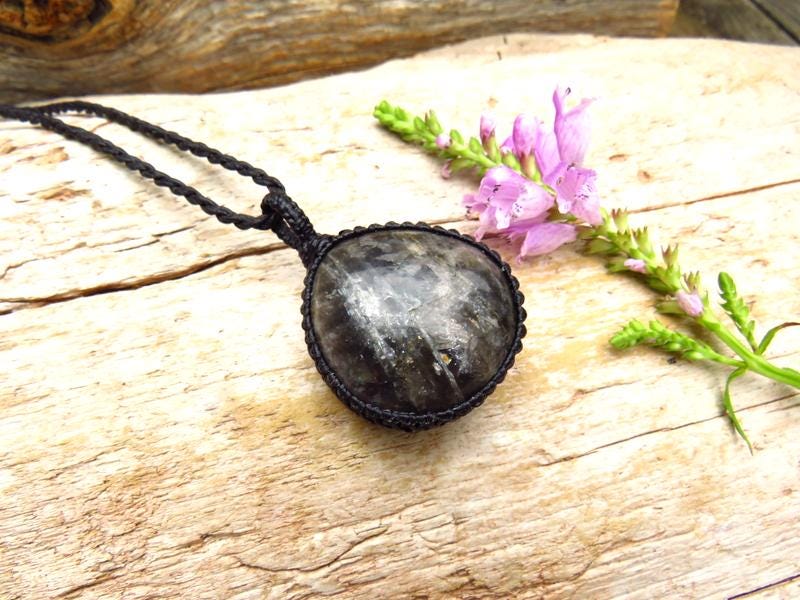 Black Moonstone Macrame Necklace, Libra Gemstone Jewelry, christmas gift ideas, crystal pendant