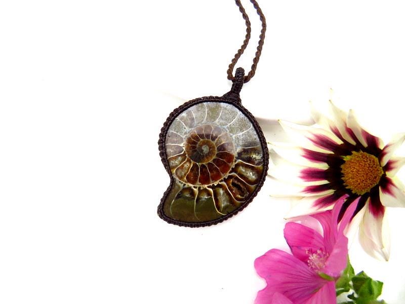 Christmas gift ideas, Ammonite Fossil Macrame Necklace, Spiral Pendant, Ocean History Jewelry