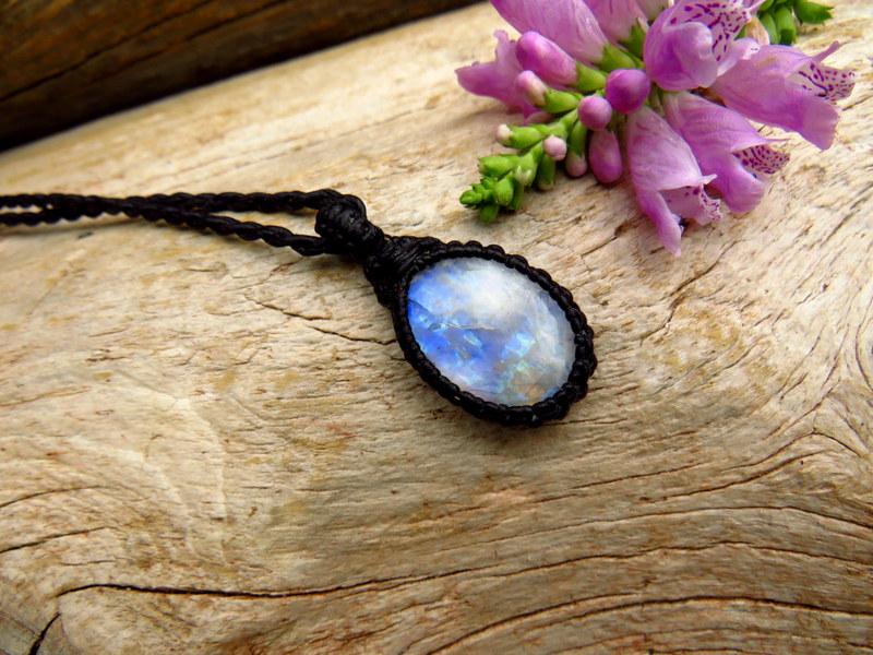 Moonstone Necklace, Macrame Pendant, Adjustable Cord, No Metal, gift ideas for the boho beauty