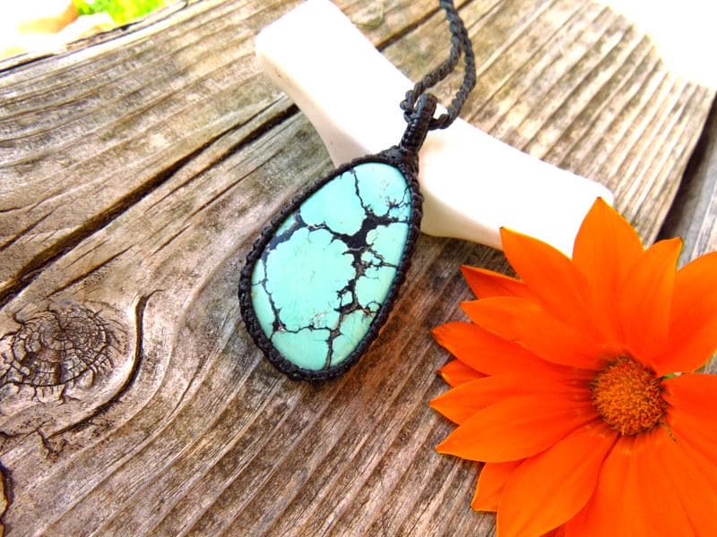Cloud Mountain Turquoise macrame necklace, Hubei Turquoise jewelry, gift ideas for the boho beauty