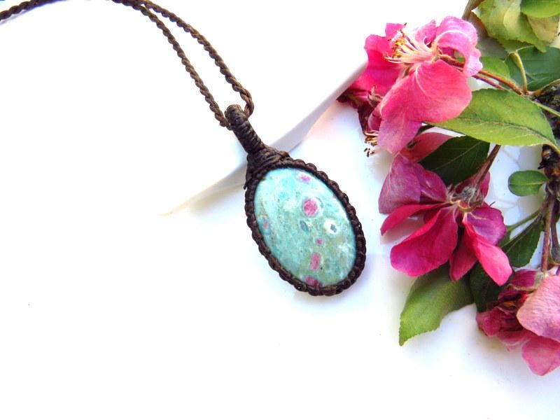 Vitality Ruby Fuchsite macrame necklace, Fuchsite pendant