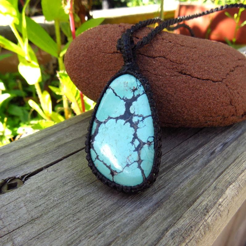 Cloud Mountain Turquoise macrame necklace, Hubei Turquoise jewelry