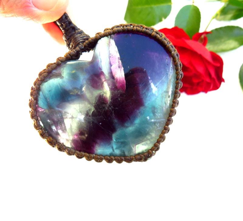 Green Purple Blue Fluorite heart crystal necklace, christmas gift, macrame jewelry, for the yogi, heart shaped pendant