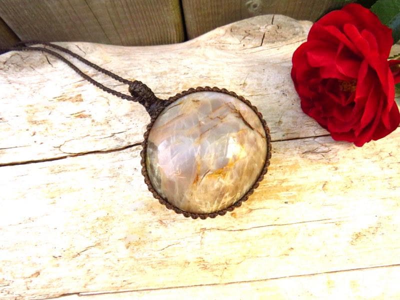Peach Gray Moonstone gemtsone necklace, statement necklace, macrame jewelry, gift ideas for the crystal collector