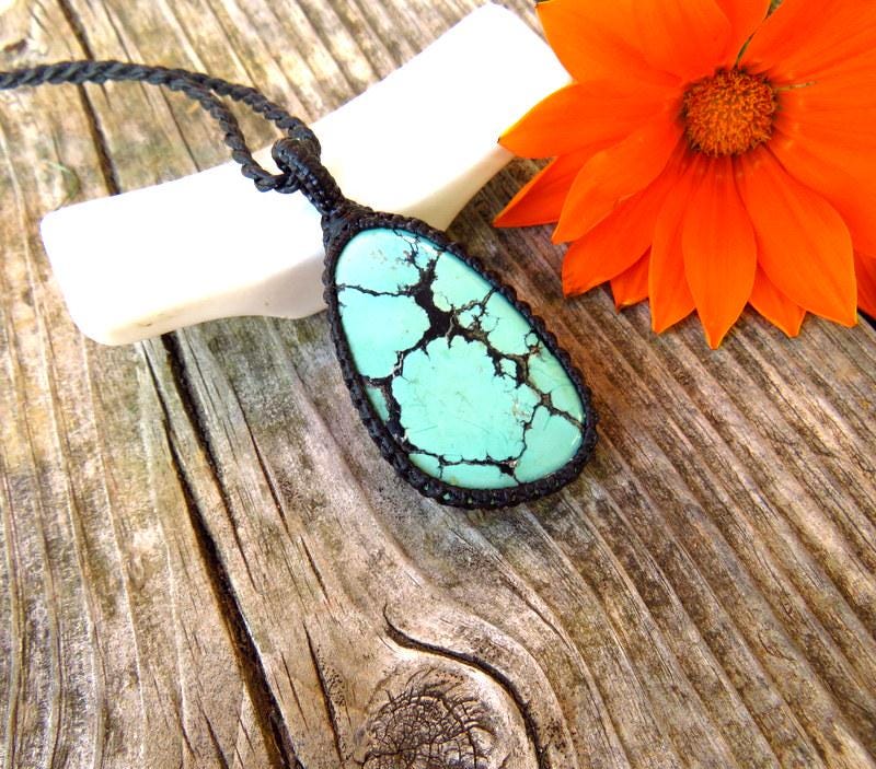 Cloud Mountain Turquoise macrame necklace, Hubei Turquoise jewelry
