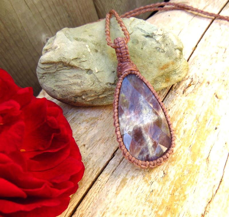 Faceted Sunstone Moonstone macrame necklace, gift ideas for her