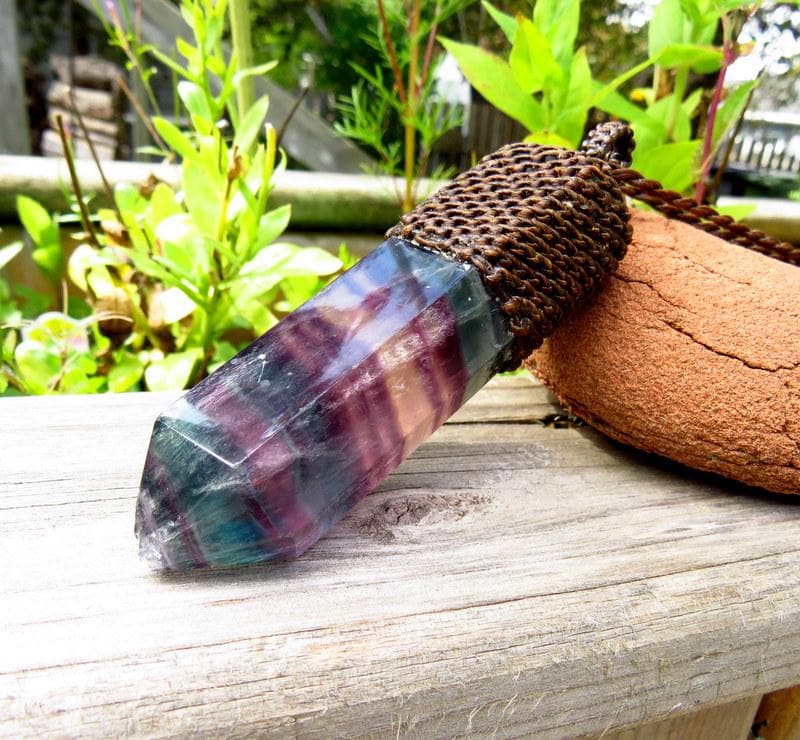 Rainbow Fluorite macrame necklace, Healing stone necklace