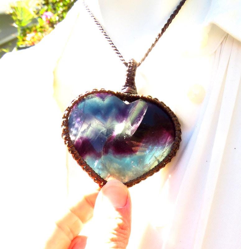 Green Purple Blue Fluorite heart crystal necklace, christmas gift