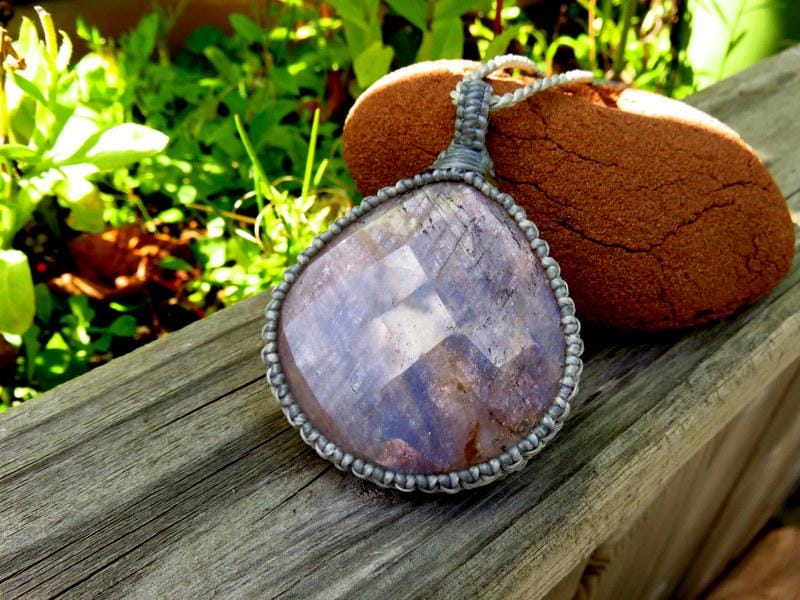Faceted Belomorite Macrame Necklace, Blue Moonstone Gemstone Jewelry, Boho Style
