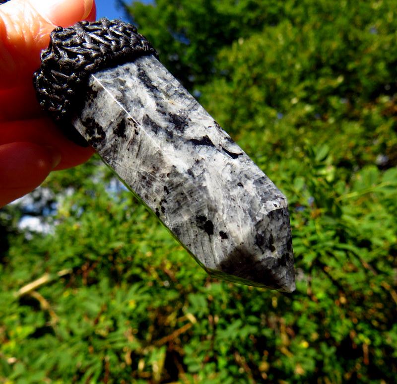 Larvikite Macramé Pendant Necklace, Norway Gemstone Jewelry, Schiller Effect