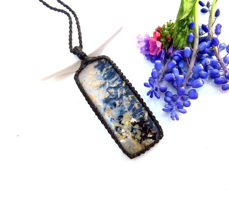 Tiger Dendrite Agate Macrame Necklace, No Metal, Adjustable Cord