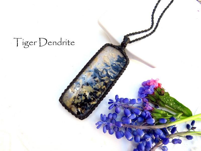 Tiger Dendrite Agate Macrame Necklace, No Metal, Adjustable Cord