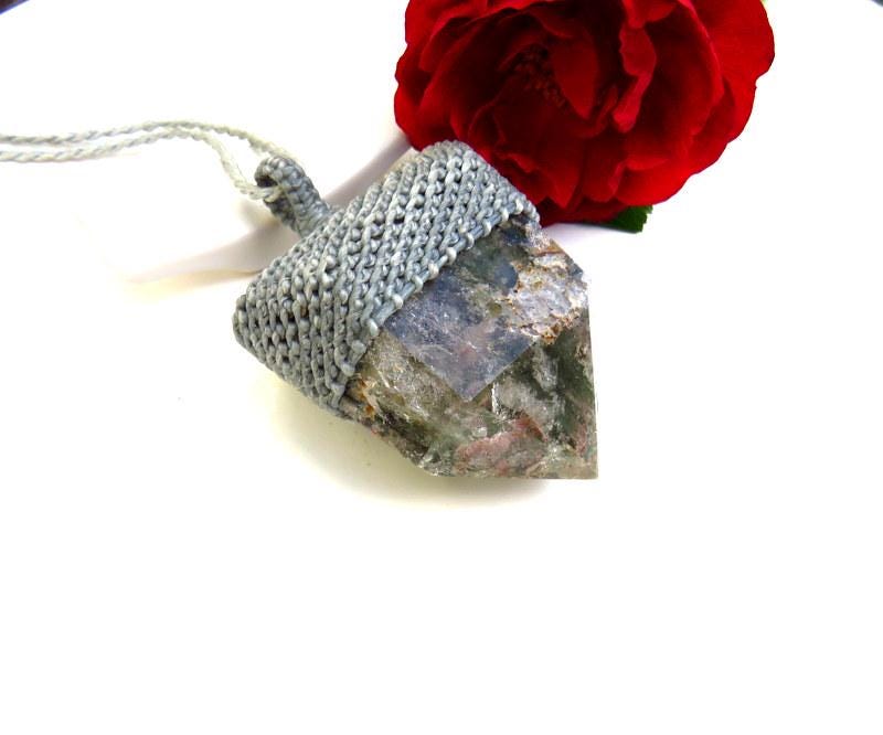 Shamanic Dream Quartz macrame necklace, garden quartz, lodolite quartz, gift ideas for the supernaturalist, boho beauty, crystal collector