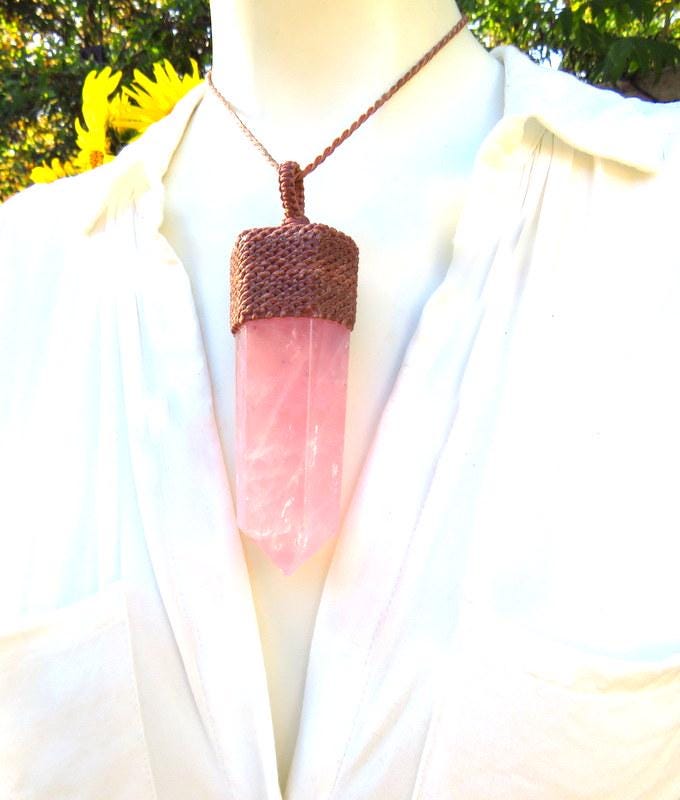 Large Rose Quartz crystal necklace, macrame necklace, heart chakra jewelry, pink crystal, earth aura creations