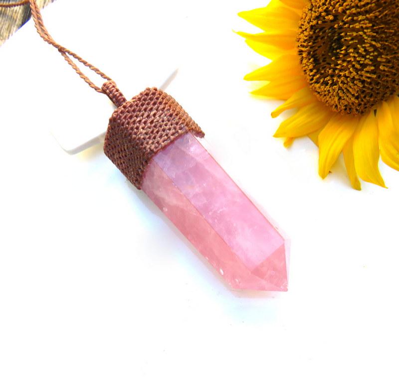 Large Rose Quartz crystal necklace, macrame necklace, heart chakra jewelry, pink crystal, earth aura creations