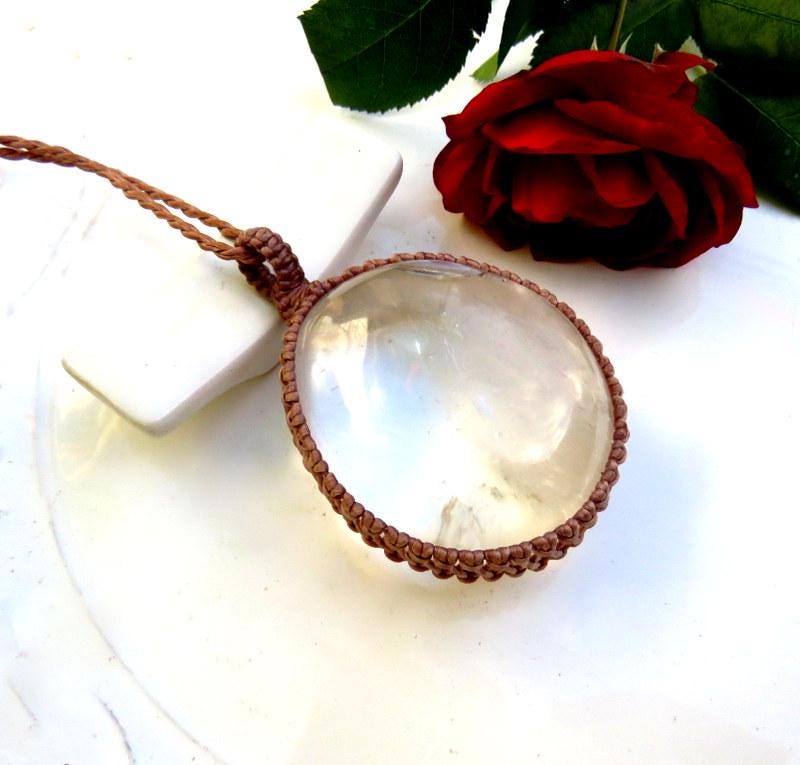 Clear Quartz Macrame Necklace, Healing Crystal Pendant, Boho Jewelry