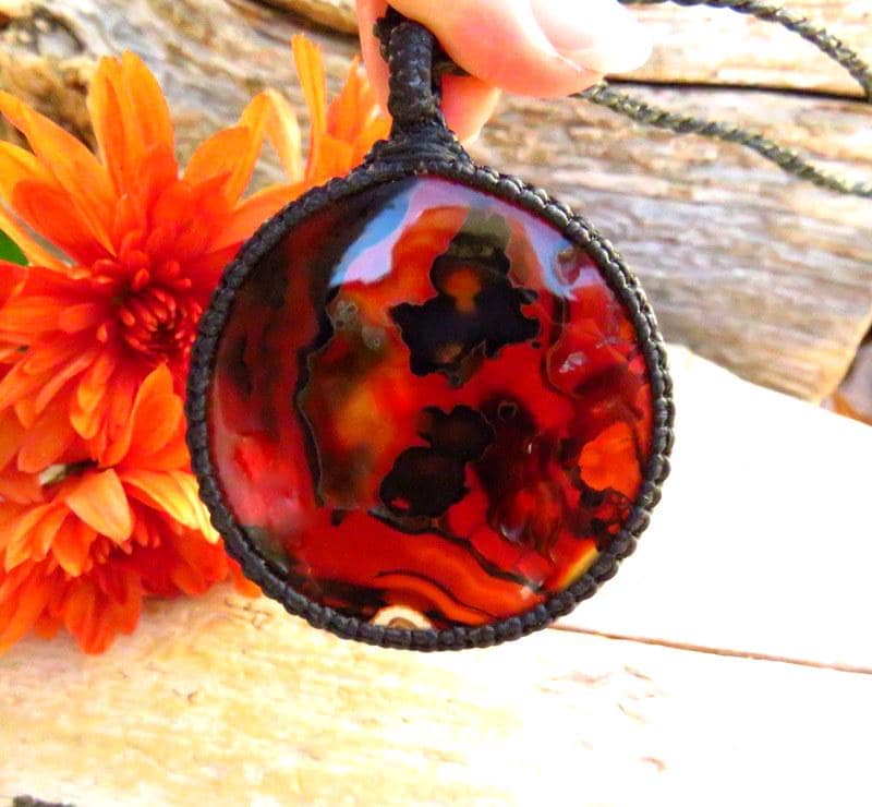 Red Banded Agate Macrame Necklace, Large Circle Pendant, Earth Aura Creations, rare agate