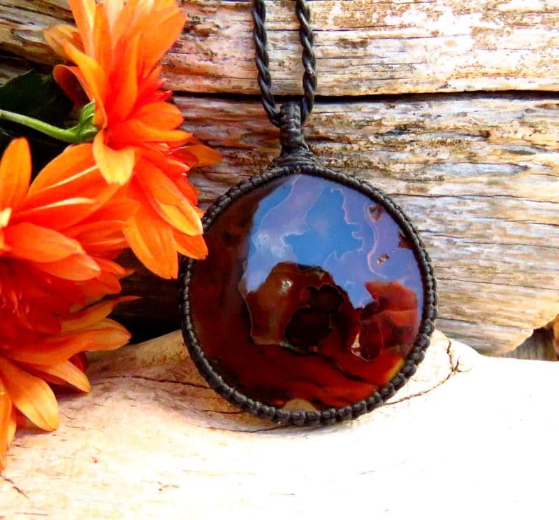 Red Banded Agate Macrame Necklace, Large Circle Pendant, Earth Aura Creations, rare agate