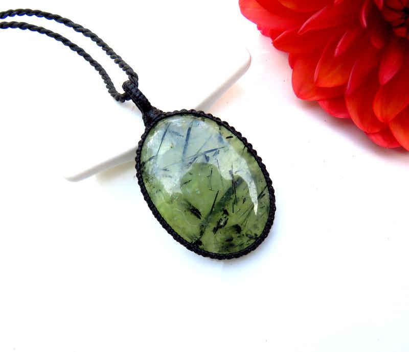 Prehnite Macrame Necklace, Lime Green Stone Pendant, Intuition Crystal Jewelry
