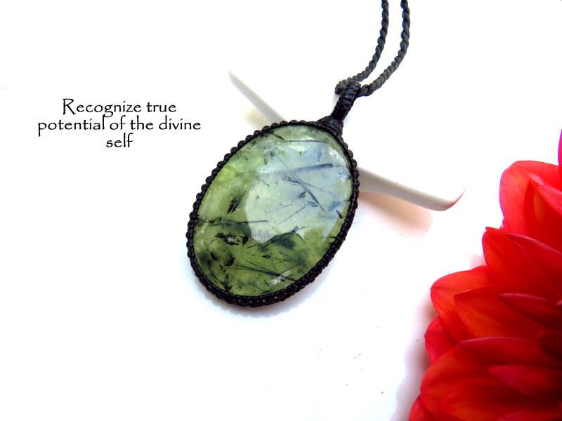 Prehnite Macrame Necklace, Lime Green Stone Pendant, Intuition Crystal Jewelry