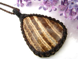 brown striped tear drop shaped aragonite gemstone necklace
