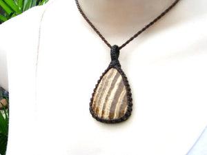 brown striped tear drop shaped aragonite gemstone necklace