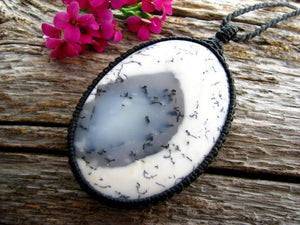 A large black and white Dendrite Opal gemstone necklace, oval agate pendant, macrame necklace