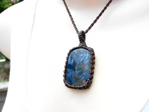 Deep midnight blue Pietersite macrame necklace, rectangle shape Pietersite gemstone pendant