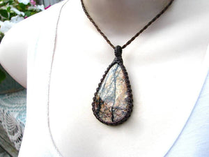 Teardrop shaped Jasper macrame necklace, brown and black abstract patterns, Jasper pendant necklace