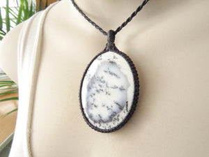 Beautiful black and white oval shaped Dendrite Opal gemstone necklace, Agate gemstone necklace