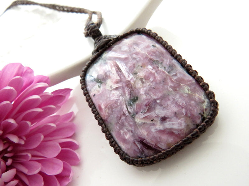 Beautiful light purple Charoite macrame necklace, square shaped Charoite wrapped in dark brown cord,
