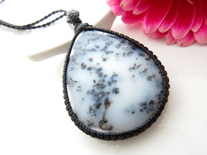 Beautiful tear drop Dendrite Opal macrame necklace, gemstone pendant necklace, black and white