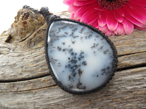Beautiful tear drop Dendrite Opal macrame necklace, gemstone pendant necklace, black and white