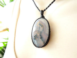 Pretty oval shaped green Moss Agate macrame necklace, translucent Agate with deep green plumes