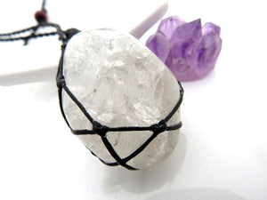 Tumbled Fire and Ice Quartz crystal necklace, macrame necklace, wrapped Quartz necklace