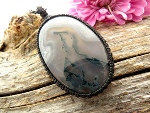 Pretty oval shaped green Moss Agate macrame necklace, translucent Agate with deep green plumes