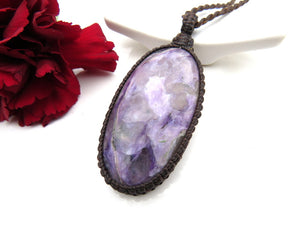 Very pretty deep purple Charoite macrame necklace, charoite gemstone necklace, boho style necklace
