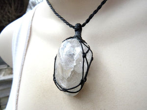 Tumbled Fire and Ice Quartz crystal necklace, macrame necklace, wrapped Quartz necklace