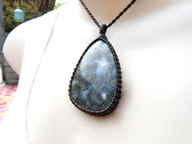 Rare Marcasite Necklace,  Macrame necklace, Natural stone jewelry, Positive energy stones