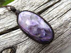 a deep purple Charoite macrame necklace, charoite gemstone necklace, boho style necklace