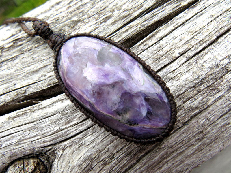 model wearing a deep purple Charoite macrame necklace, charoite gemstone necklace, oval charoite