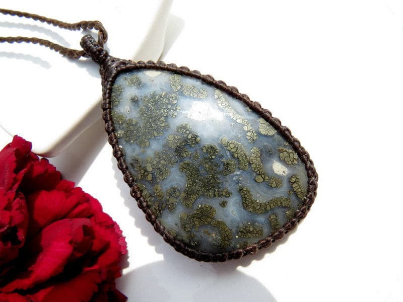 Rare Marcasite Necklace,  Macrame necklace, Natural stone jewelry, Positive energy stones