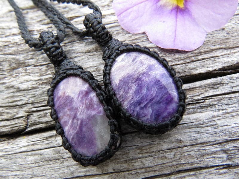 Deep purple Charoite macrame necklace set, oval shaped Charoite gemstone necklaces, layered necklace