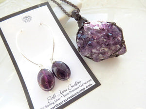 Amethyst crystal necklace and earring set, Amethyst jewelry, Amethyst pendant, Girlfriend gift, Mom gift ideas, raw amethyst, valentines day