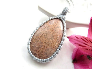 Agatized Coral Teardrop Gemstone Necklace.