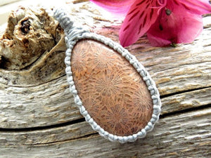 Agatized Coral Teardrop Gemstone Necklace.